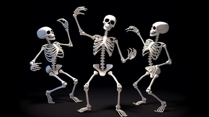 Obraz premium Three happy dancing white skeletons isolated on a black background
