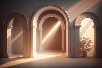 Minimal Empty Beige Room with Archway and Light Shining Through a Window Background for Product Presentation