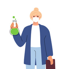 Young scientist woman holding lab glassware. Science laboratory research and development. Laboratory glass equipment. Scientific research concept.