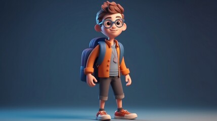 Cute smiling boy in glasses with school backpack. Generative AI
