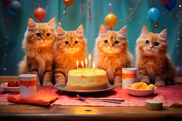 Four cats celebrating a birthday with cake. AI Generative.