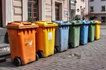 Multi-colored garbage containers on the city street, recycling and separate waste collection concept, AI Generated