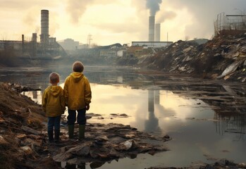 Two children witness the devastating impact of industrial discharge as they gaze upon a polluted river.