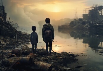 Two children witness the devastating impact of industrial discharge as they gaze upon a polluted river.