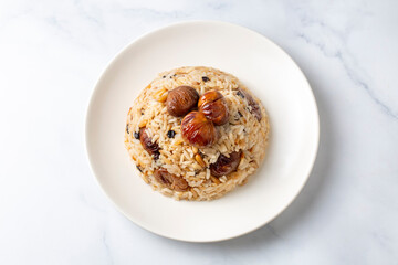 Traditional delicious Turkish food; chestnut rice pilaf (Turkish name; kestaneli pilav)