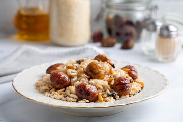 Traditional delicious Turkish food; chestnut rice pilaf (Turkish name; kestaneli pilav)