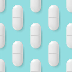 Vector Seamless Pattern with 3d Realistic White Pharmaceutical Medical Pill, Capsule, Tablet Closeup On Blue Background. Front View. Medicine, Health Concept