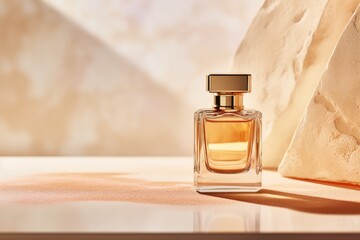 Mock up of  minimal elegant perfume bottle. Stylish parfumerie banner. AI generative - obrazy, fototapety, plakaty