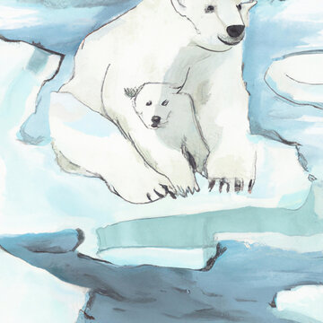 Global warming ice landscape vector illustration of polar bear and yearling cub floating on iceberg of melting arctic glacier in north sea cartoon. Global warming concept
