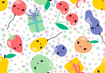 Summer cartoon fruit seamless apples and cherry and peaches and plums and pears pattern for birthday gifts