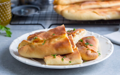 Turkish cuisine, handmade pita with cheddar cheese, pastry. Turkish name; kasarli pide