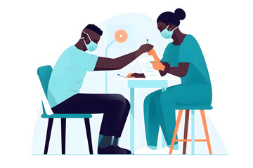 Flat vector illustration female doctor in protective uniform and latex gloves vaccinating male african american patient in clinic during coronavirus outbreak 