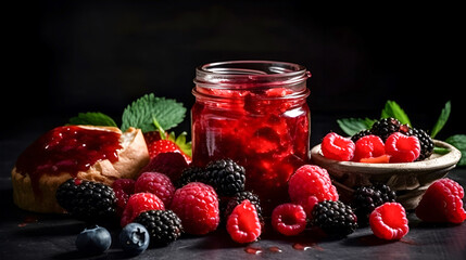 A jar of strawberry, raspberries, blueberries and blackberry jam and fresh strawberry and toast with jam on a dark background. Generative AI. 