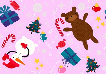 Christmas cartoon seamless bears and snowman and gift box and candy pattern for wrapping paper and fabrics