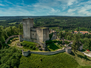 Aerial view of Landstejn castle with rectangular keep and concentric walls, semi circular bastions in the Czech Republic - obrazy, fototapety, plakaty