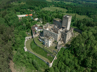 Aerial view of Landstejn castle with rectangular keep and concentric walls, semi circular bastions...