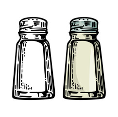 Salt shaker. Vintage black and color vector engraving illustration