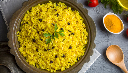 Turmeric Rice Pilaf. Rice made with turmeric and currants. Turkish name; Zerdecalli pirinc pilavi
