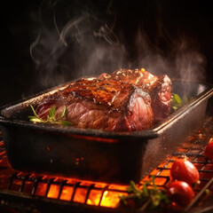 Juicy beef in a roasting pan on a table