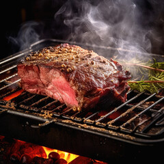 Juicy beef in a roasting pan on a table