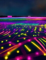 Photo of a field illuminated by a multitude of vibrant lights at night