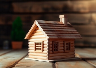 Obraz na płótnie Canvas Wooden house model on wood background, a symbol for construction , ecology, loan, mortgage, property or home.