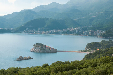 A wonderful point of interest from the mountain to the island of Sveti Stefan in Montenegro in the Adriatic Sea.