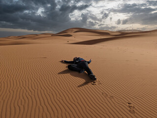 A person pretending to lay dead in the Erg Chebbi desert