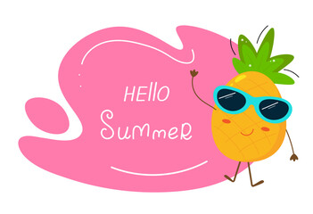 Hello summer. Cartoon summer stickers set. Cartoon pineapple with hand drawn lettering. Summertime concept.