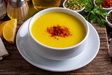 Traditional delicious Turkish foods; Red lentil soup (Turkish name; Mercimek corbasi)