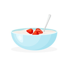 Cereal milk breakfast with strawberry. Rolled oats or crunchy cornflakes. Sweet healthy food. Vector illustration in trendy flat style isolated.
