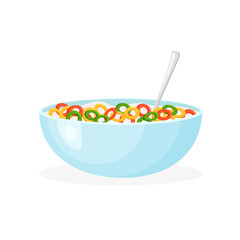 Colorful cereal milk breakfast. Rolled oats or crunchy cornflakes. Sweet food for kids. Vector illustration in trendy flat style isolated on white.