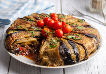 Traditional delicious Turkish food, meat eggplant dish (Turkish name; patlican kapama)