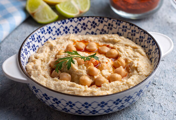 Hummus, chickpea on plate, traditional delicious Turkish food (Turkish name; Humus)