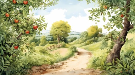 Beautiful Green Orchard with Clear Sky. Realistic Drawing. Concept Art Scenery. Book Illustration Video Game Scene. Serious Digital Painting. CG Artwork Background. Generative AI.
- 618645991