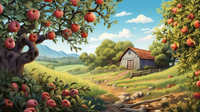 Beautiful Green Orchard with Clear Sky. Realistic Drawing. Concept Art Scenery. Book Illustration Video Game Scene. Serious Digital Painting. CG Artwork Background. Generative AI.
