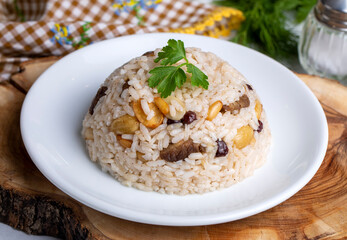 Traditional delicious Turkish food; rice pilaf with pine nuts and currants (Turkish name; bademli ic pilav or pilaf)