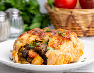 Traditional delicious Turkish food; Sultan kebab, Turkish name; Sultan kebabi or bohca kebabi