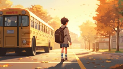 teenager, waiting for his school bus to leave in the evening evening schedule in the afternoon, the return of school