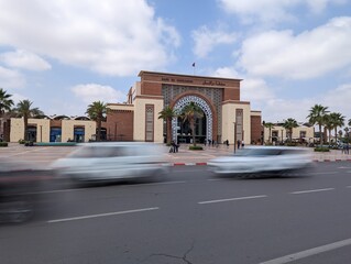 Fototapeta na wymiar MARRAKECH, MOROCCO - APRIL 20, 2023 - Modern oriental building of the central train station of Marrakech