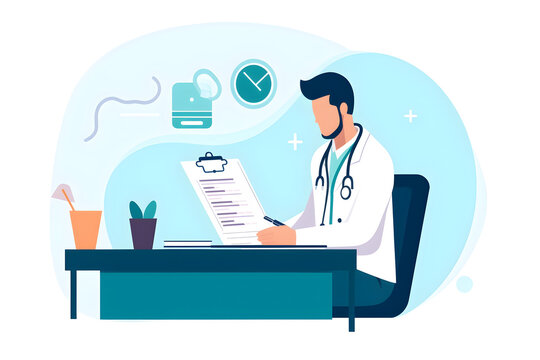  Flat vector illustration doctors are talking to explain medication and health care to elderly patients elderly people with underlying diseases need to be closely monitored by doctors and relatives ca