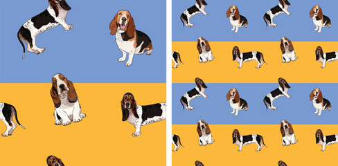Dog blue and yellow geometric pattern fabric. Elegant, soft seamless background, abstract background with basset hound dogs, two-colored background. Birthday present, Clean style, plain wrapping art.