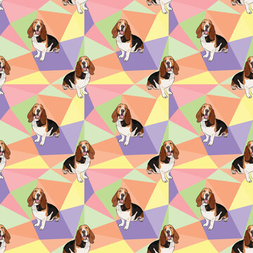 Basset hound dog on a mosaic geometric background. Funky, colorful vibe, pastel colors palette. Simple, clean, modern texture. Geometric, polygon style. Summer seamless pattern with dogs. 