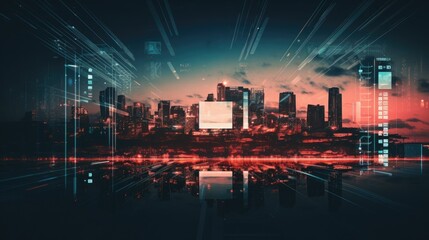 Fototapeta premium Illustration of a modern cityscape viewed through the lens of a drone camera showcasing a dystopian future powered by artificial intelligence, by Generative AI