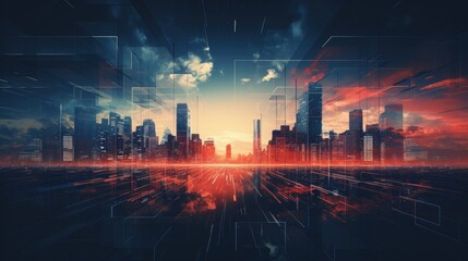 Fototapeta premium Illustration of a modern cityscape viewed through the lens of a drone camera showcasing a dystopian future powered by artificial intelligence, by Generative AI