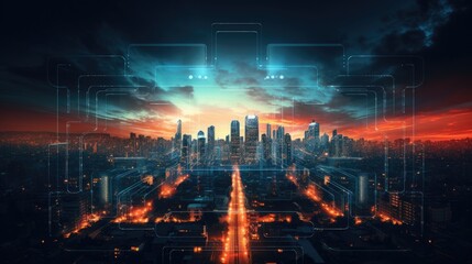 Illustration of a modern cityscape viewed through the lens of a drone camera showcasing a dystopian future powered by artificial intelligence, by Generative AI