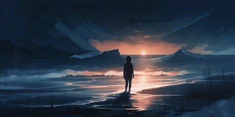 A lonely person watching sunset and sea waves, Generative AI illustrations