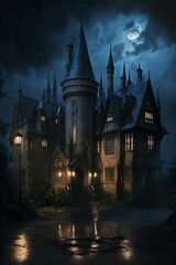 Fototapeta na wymiar A magical castle in moonlit night, Generative AI illustrations