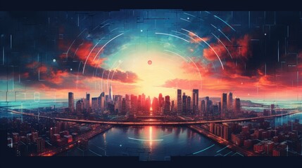 Obraz premium Illustration of a modern cityscape viewed through the lens of a drone camera showcasing a dystopian future powered by artificial intelligence, by Generative AI