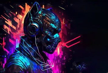  DJ with headphones. bright colors light. Banner. Wallpaper. AI generated